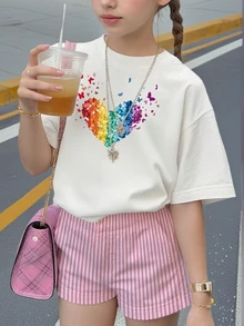 Girls & Teens Students Casual Printed White Round Neck Short Sleeve T-Shirt, Summer Top