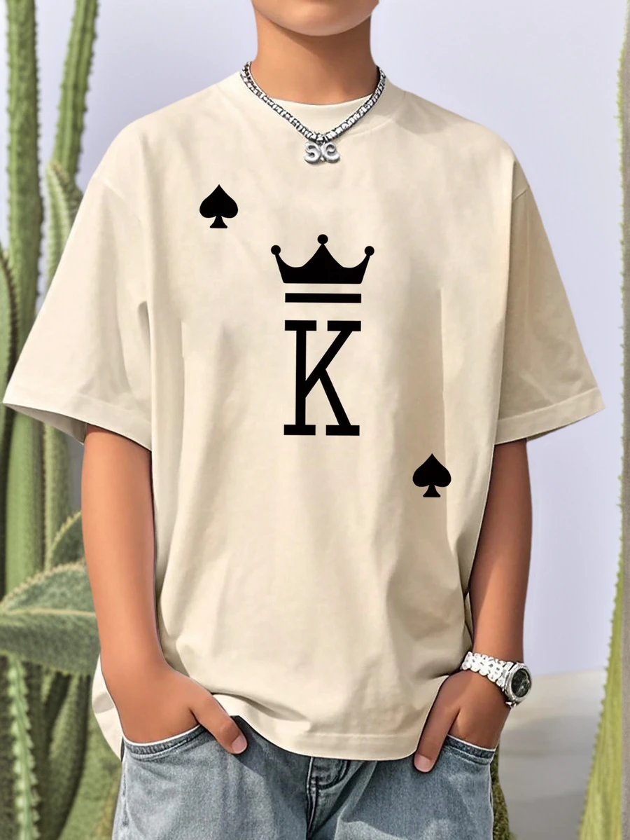 青少年男孩休闲印花圆领短袖T恤，夏季上衣 - 杏色 - 查看 1