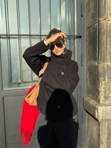 复古风格纯色双排扣高领女式夹克，秋冬通勤女式外套 - 黑色 - 查看 2