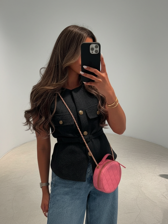 Women's Elegant Sleeveless Single-Breasted Casual Fashion Pocket Decorated Vest Black Summer