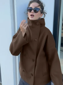 复古风格纯色双排扣高领女式外套，通勤女式大衣，适合秋冬春季穿着 - 巧克力棕 - 查看 2