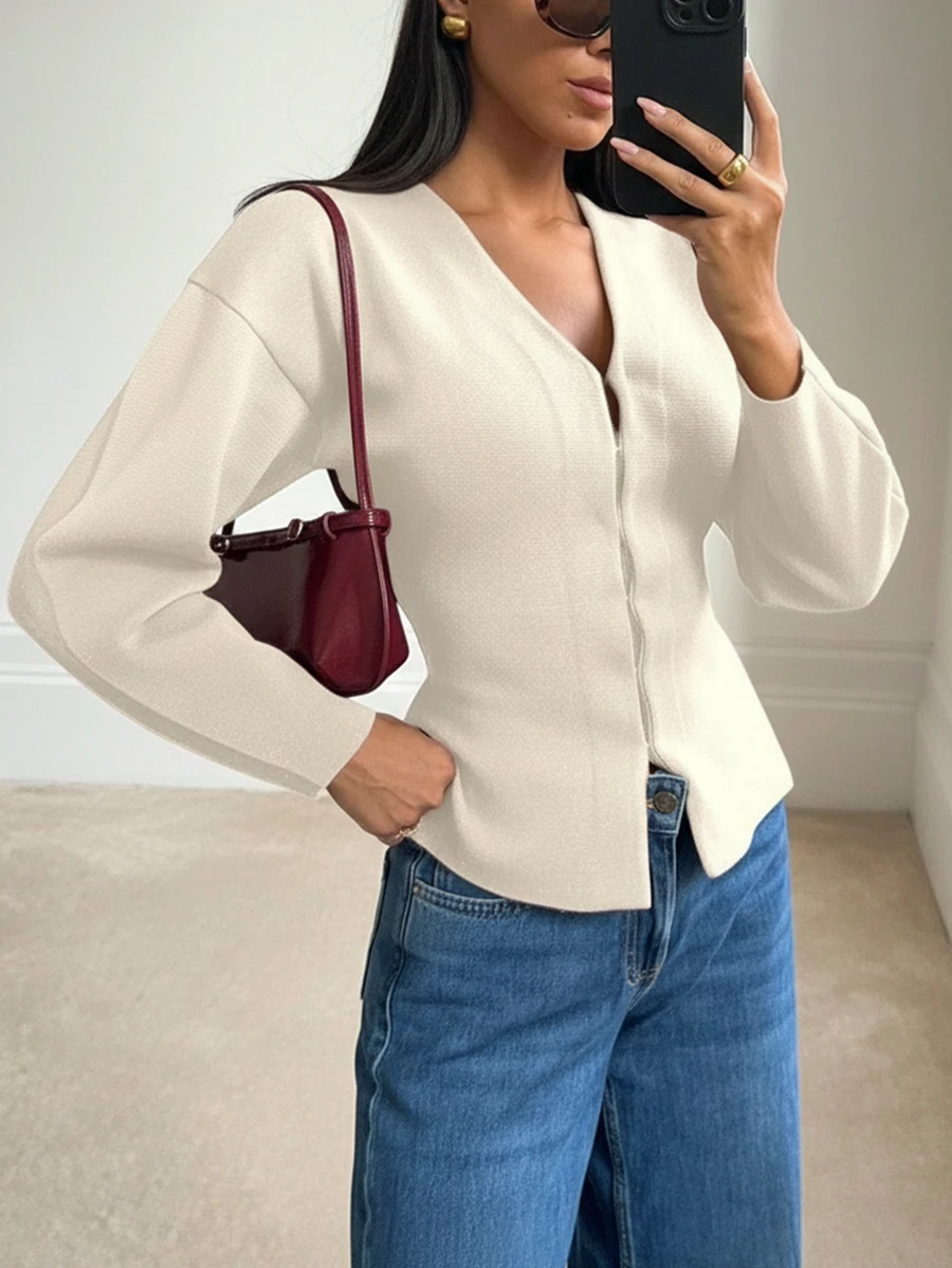 Women's Simple Solid Color Fitted Knit Jacket, Custom Hem - Apricot - View 1