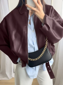 جاكيت جلدية قصيرة بومبر جديدة بطراز قديم، جاكيت كاجوال بسحاب وجيوب، جاكيت جلدية بقصة عادية، جاكيت شتوية للنساء - احمر خشبي - مشاهدة 2