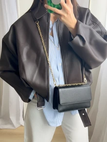 New Vintage Bomber Leather Jacket, Solid Color Casual Zipper Pocket Jacket, Leather Jacket, Regular Fit, Women Winter Jacket