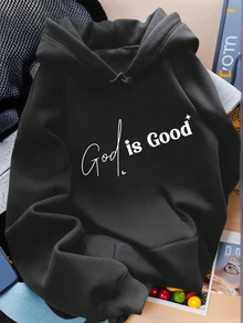 Sudadera casual de estilo universitario con bolsillo canguro y cordón, con estampado de eslogan, para uso diario y viajes, para otoño/invierno - Gris Oscuro - Ver 1
