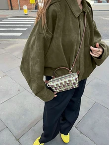 Women's Regular Faux Suede Long Sleeve Single-Breasted Loose Casual Jacket, Suitable For Spring Wear Women's Pocket Metal Button Short Military Green Jacket, Suitable For Spring And Autumn Wear