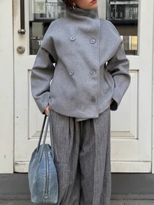 Vintage Style Solid Color Double-Breasted High Collar Women Jacket, Commuter Women Coat For Autumn/Winter