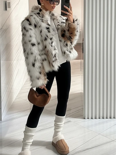 女式超大翻领豹纹仿皮草效果夹克