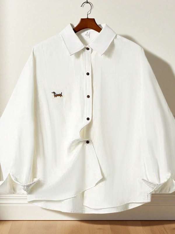 Plus Size Casual Shirt Collar Long Sleeve Dropped Shoulder Top, Woven Fabric, Front Button Design, Decorated With Dachshund Pattern