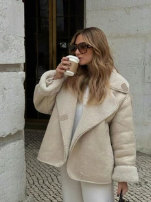 Chaqueta de invierno para mujer con forro de piel sintética marrón - Estilo casual de ropa de calle con ajuste holgado, cuello con solapa y bolsillos, manga larga - Albaricoque - Ver 2