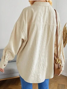 加大码女式灯芯绒杏色多功能口袋长袖优雅复古纽扣衬衫，适合所有季节 - 杏色 - 查看 2