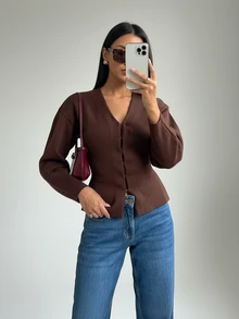 Women's Simple Solid Color Fitted Knit Jacket, Custom Hem Elegant - Coffee Brown - View 2