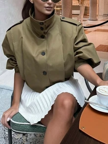 Chaqueta corta con bolsillos y botones para mujer, adecuada para usar en primavera y otoño. Nueva chaqueta cortavientos casual de otoño para mujer - Camel - Ver 2