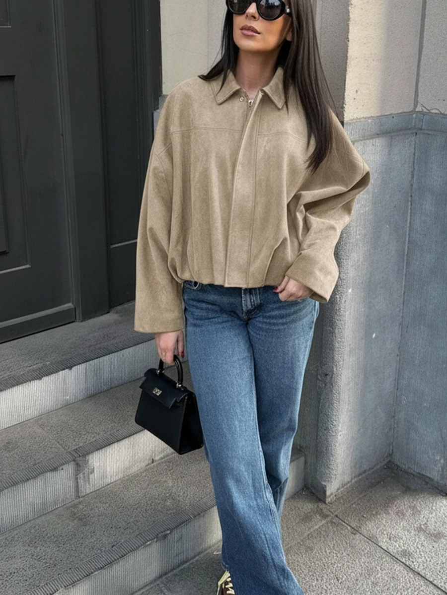 Women's Regular Faux Suede Long Sleeve Single-Breasted Loose Casual Jacket, Suitable For Spring Wear Women's Pocket Metal Button Short Military Green Jacket, Suitable For Spring And Autumn Wear - Beige - View 1