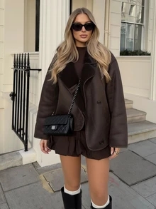 女式棕色仿皮草衬里冬季夹克 - 休闲街头风格宽松翻领带口袋长袖外套 - 咖啡棕 - 查看 2