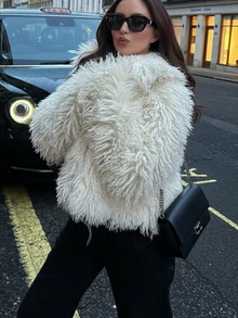 秋冬新款仿狐狸毛内衬加厚时尚仿皮草蓬松女式外套，优雅纯色翻领长袖休闲宽松街头风女式冬季外套 - 杏色 - 查看 2