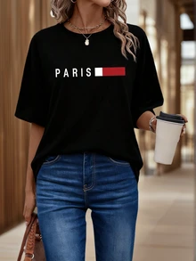 Women's Paris Letter Print Loose Comfortable Round Neck Casual Top, Summer Black - Black - View 5