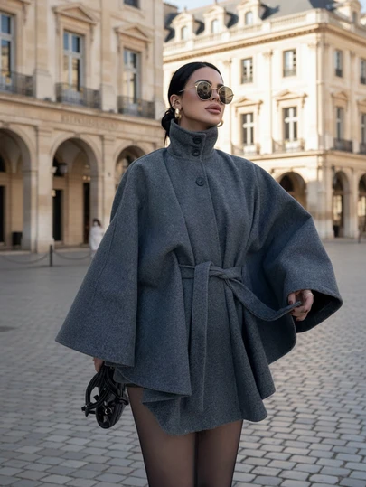 Women's Elegant Solid Color Stand Collar Belted Short Cape Jacket, Solid Color Belt, Front Button Closure, Suitable For Daily Wear