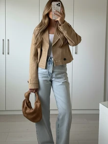 Damen Lässig Stehkragen Reißverschluss-Jacke mit Knopfdekor, Kunstfell Kurz Oberbekleidung - Khaki - Übersicht 1