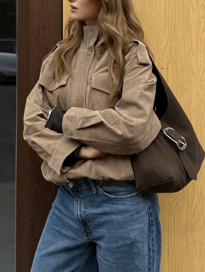 Women's Metal Button Decorated Cargo Jacket With Large Pockets, Suitable For Autumn/Winter, Made Of Suede Fabric