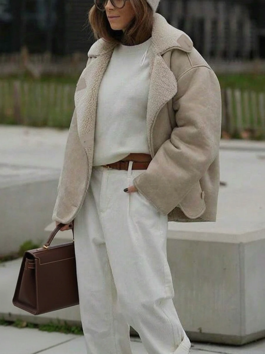 Chaqueta de invierno para mujer con forro de piel sintética marrón - Estilo casual de ropa de calle con ajuste holgado, cuello con solapa y bolsillos, manga larga - Albaricoque - Ver 1