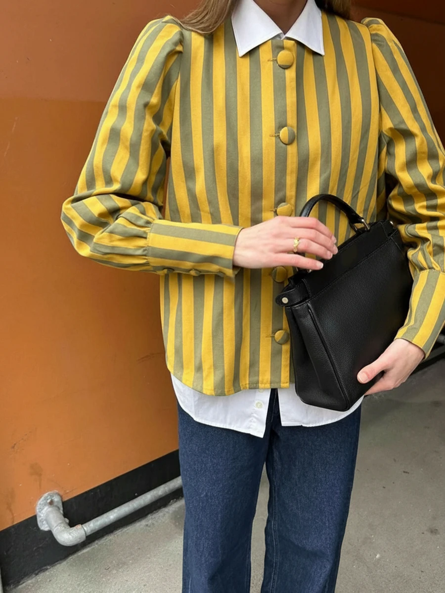 Women's Button Front Long Sleeve Striped Casual Shirt Spring - Yellow and Green - View 1