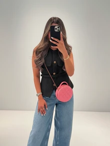 女款優雅單排扣無袖上衣，休閒時尚口袋裝飾背心，黑色夏季款 - 黑色 - 查看 2