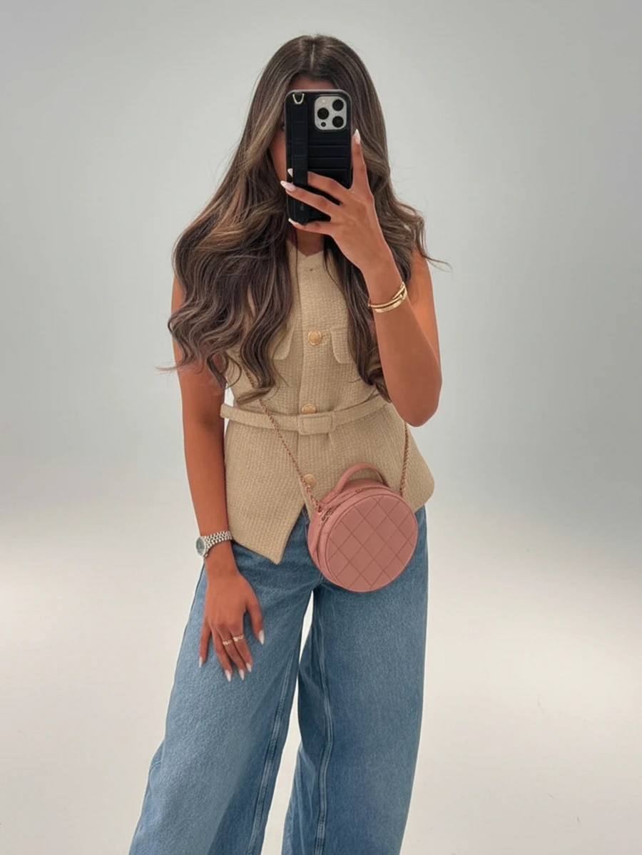 女士优雅无袖单排扣休闲时尚口袋装饰背心 - 金色 - 查看 1