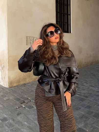 Dam Vintage Lapel Långärmad Minimalistisk PU Läderjacka Lös Jacka, Dam Fashionabla Nya Slitna Läderjackor, Höst, Enfärgad Dragkedja Långärmad Vintage Retro PU-jacka