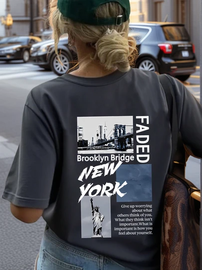 Damny enkel söt mönster casual semesterstil lös mångsidig rund hals kortärmad t-shirt, trendig vardagstopp, lämplig för daglig semesterbruk