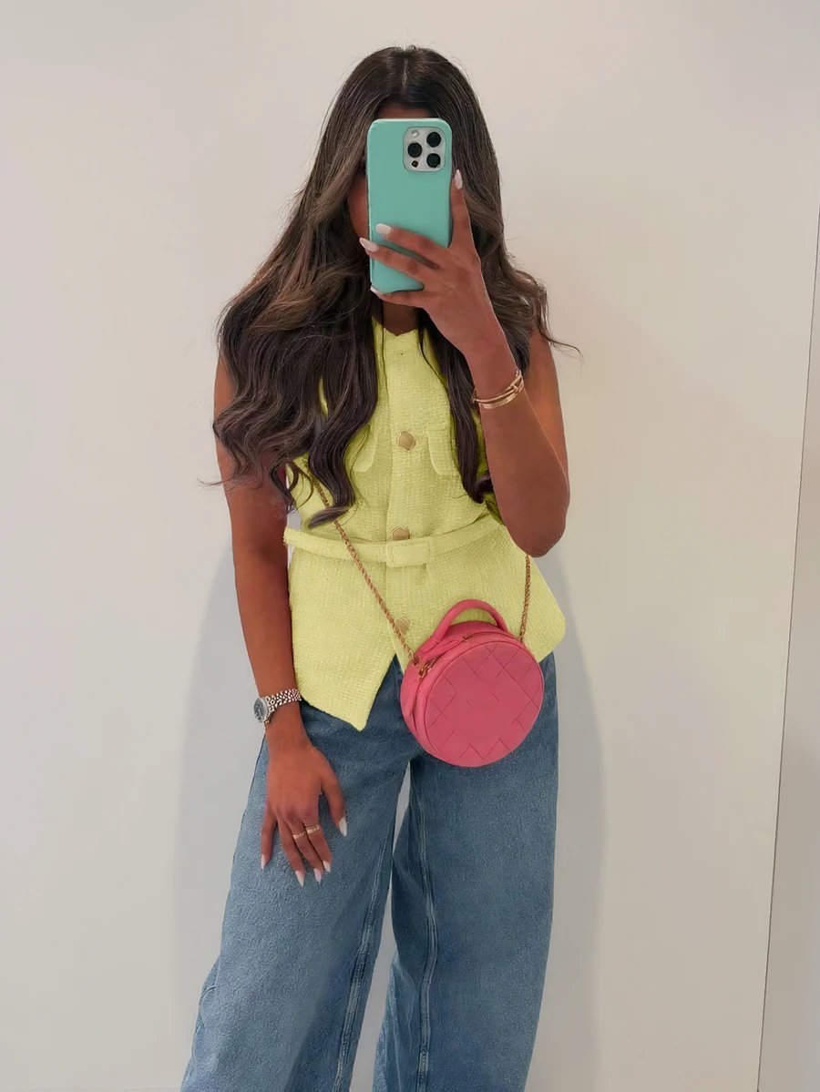 女士优雅无袖单排扣休闲时尚口袋装饰背心 - 黃色 - 查看 1