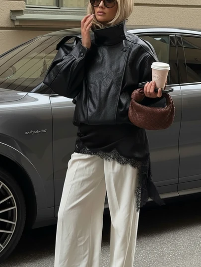 Ny vintage bomberjacka i skinn, enfärgad, avslappnad jacka med dragkedja och fickor, normal passform