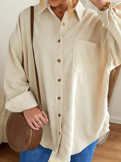 加大落肩口袋贴布灯芯绒衬衫