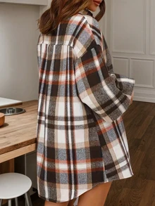 Plus Size Women Elegant Shirt Jacket - Button Front Plaid Lantern Sleeve Loose Version - Office Casual Top, Checkered Pattern Blouse Spring - Multicolor - View 2