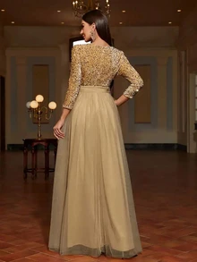 Elegant 3/4 Sleeve V-Neck Fitted Sequin Contrast Mesh Maxi Formal Dress - Gold - View 2