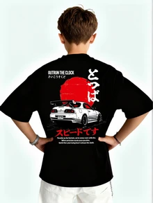 男童休闲印花圆领短袖T恤，夏季上衣 - 黑色 - 查看 10