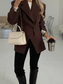 Camel Solid Color Overcoat, Button Front, Lapel Collar, High Waist, Long Sleeve Suit, Suitable For Commuting And Office Wear, Autumn/Winter - Camel - View 2