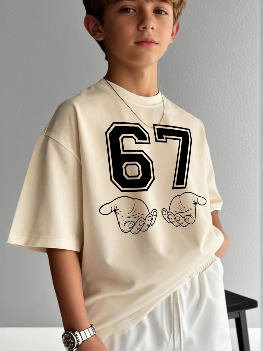 Tween Boys Casual Printed Crew Neck Short Sleeve T-Shirt, Summer Top - Apricot - View 1