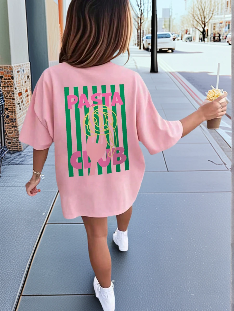 Girls "Pasta Club" Pasta Print Short Sleeve T-Shirt, Casual Round Neck Cute Food Graphic Tee For Summer, Suitable For Teens - Pink - View 1
