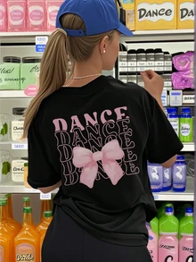 女童短袖T恤，可愛分層DANCE字母與粉色蝴蝶結印花背後圖案，寬鬆休閒兒童夏季舞蹈日常穿著 - 黑色 - 查看 7