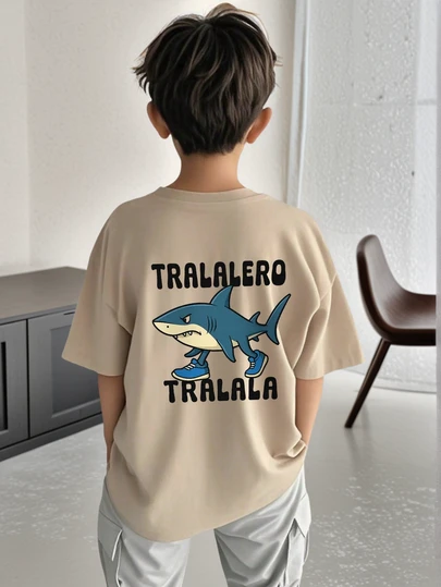 男童及青少年休闲印花圆领短袖T恤，夏季上衣