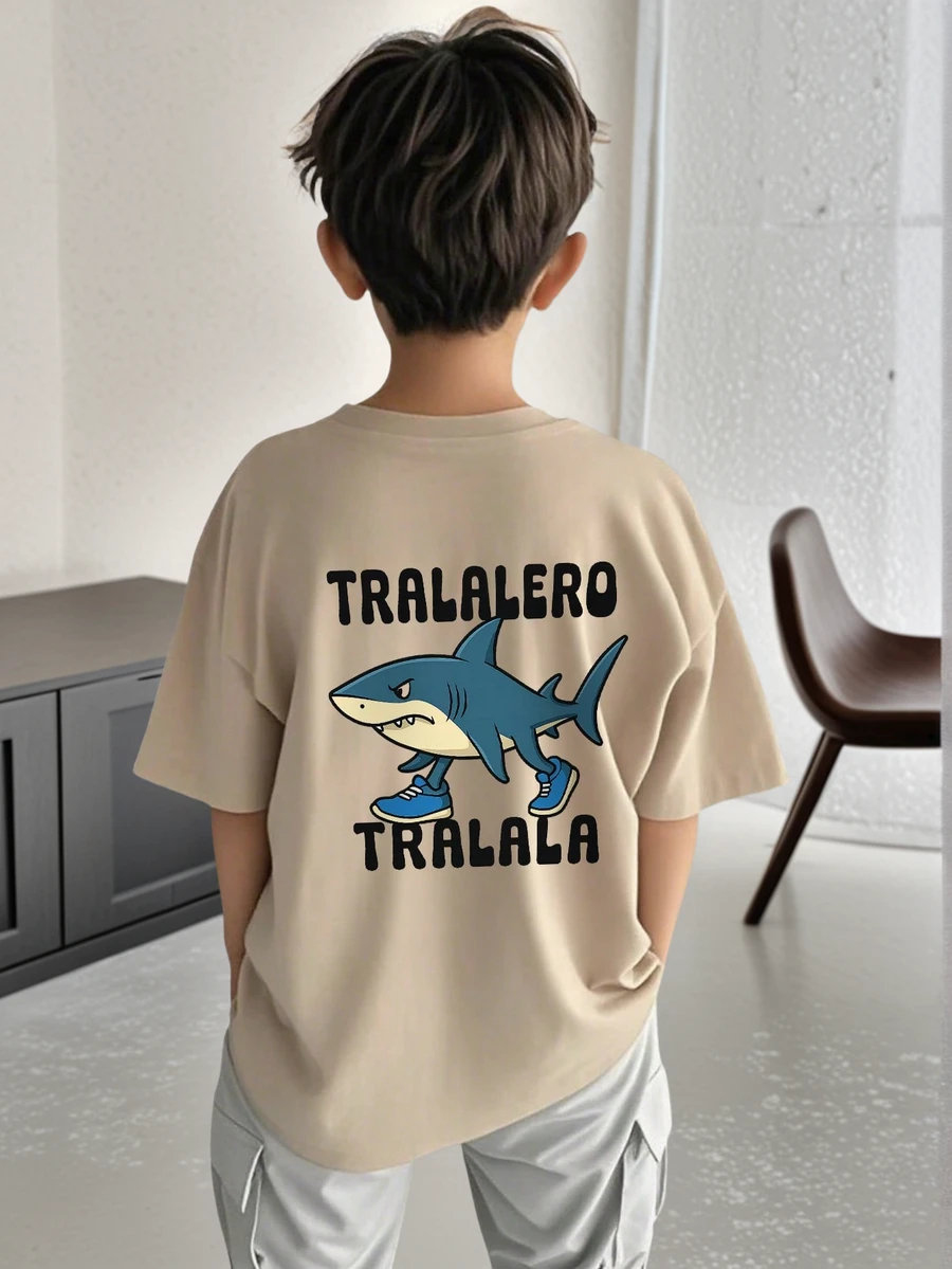 男童及青少年休闲印花圆领短袖T恤，夏季上衣 - 杏色 - 查看 1