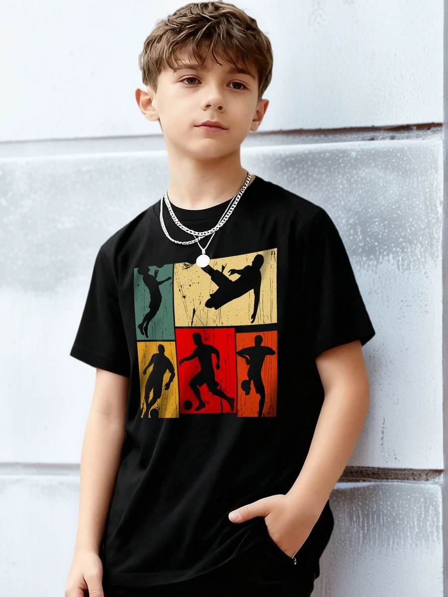 Boys & Teens Casual Printed Crew Neck Short Sleeve T-Shirt, Summer Top - Black - View 1