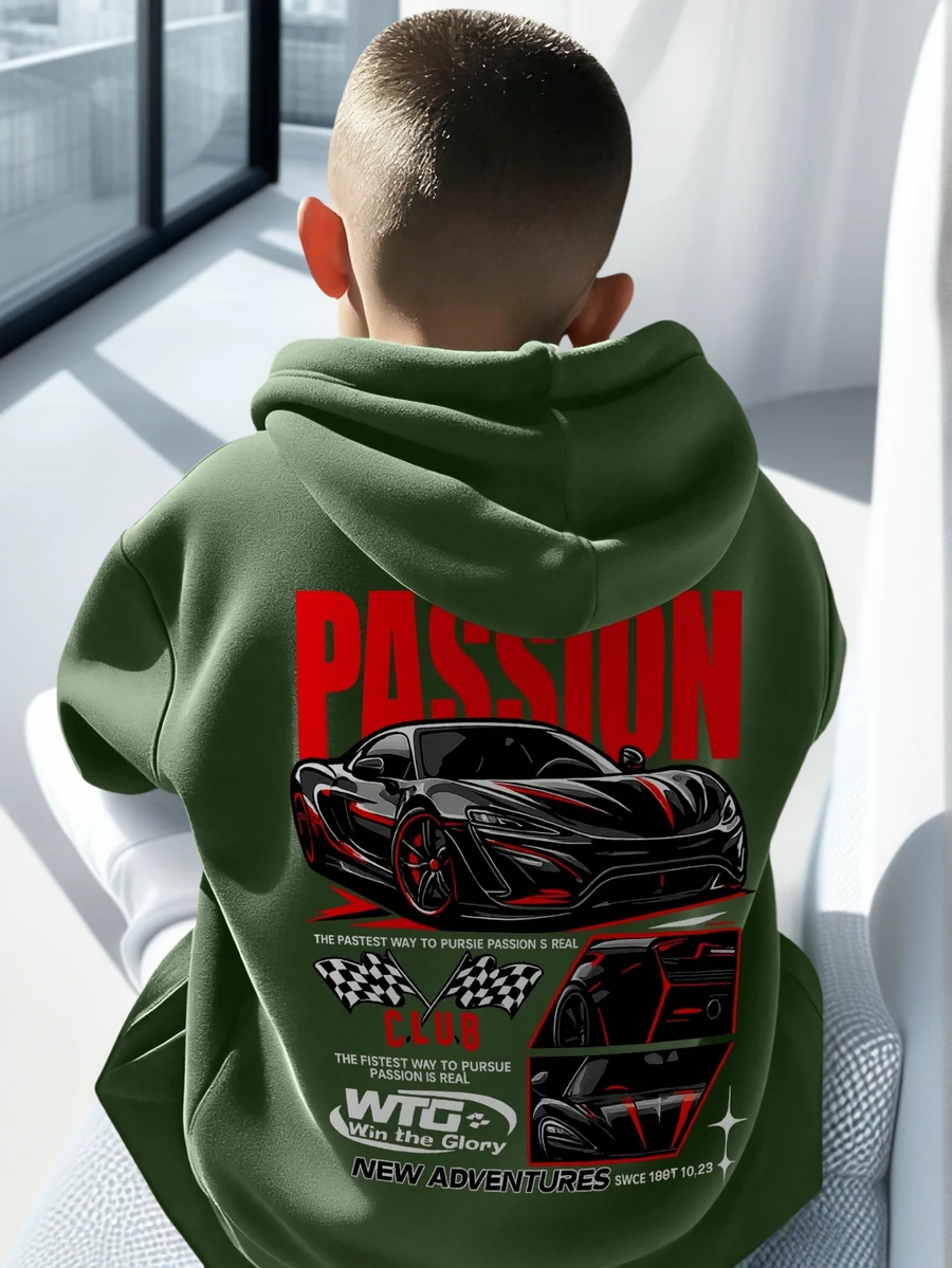 Sweatshirt Pullover Anak Laki-Laki Motif Supercar & Balap dengan Bendera Kotak-kotak di Bagian Belakang, Sweatshirt Streetwear Lengan Panjang Longgar dengan Grafis Huruf Passion Club - Hijau - View 1