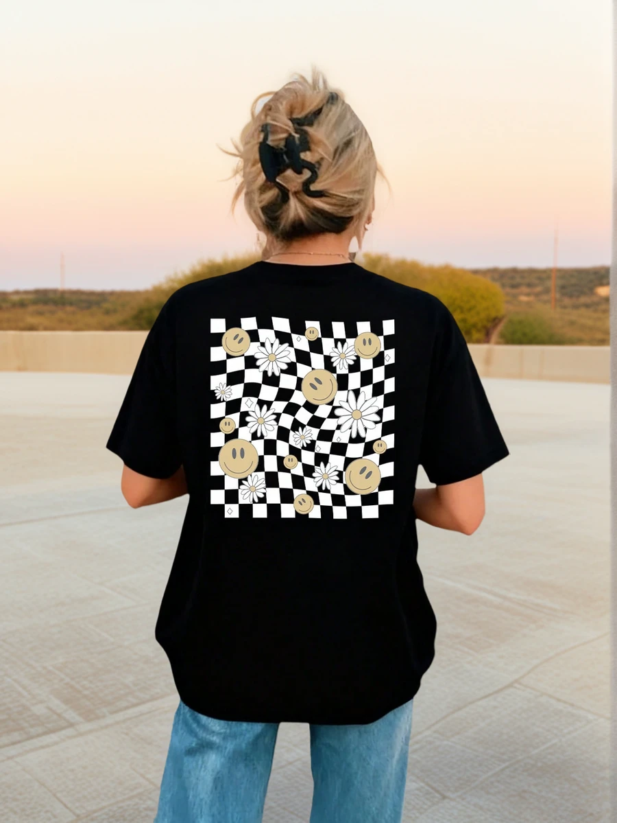 Tween Girls' Casual Apricot Colored Graphic Print Round Neck Short Sleeve T-Shirt, Summer Top - Black - View 1