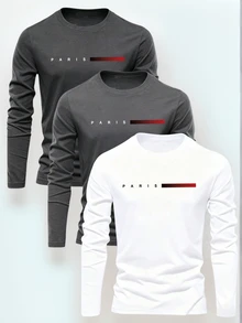 3pcs Tween Boys Students Casual Printed Crew Neck Long Sleeve T-Shirts, Spring/Autumn - Multicolor - View 1