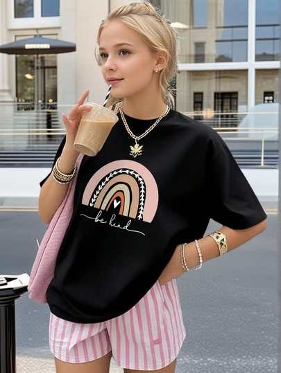 少女休闲彩虹印花圆领短袖T恤，夏季