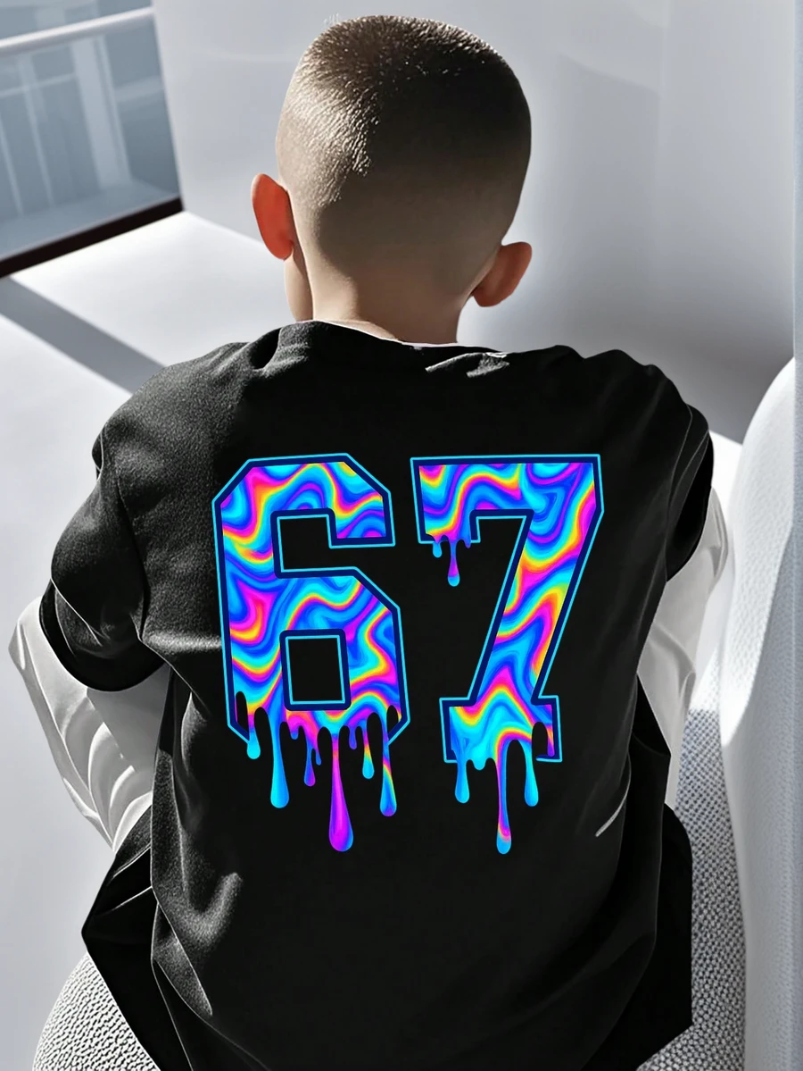 Boys & Teens Casual Printed Crew Neck Short Sleeve T-Shirt, Summer Top - Black - View 1