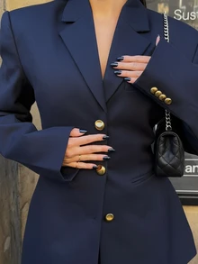 Women's Vintage Lapel Button Front Long Sleeve, Belted Jacket Suit Set - Brown Spring - Navy Blue - View 1