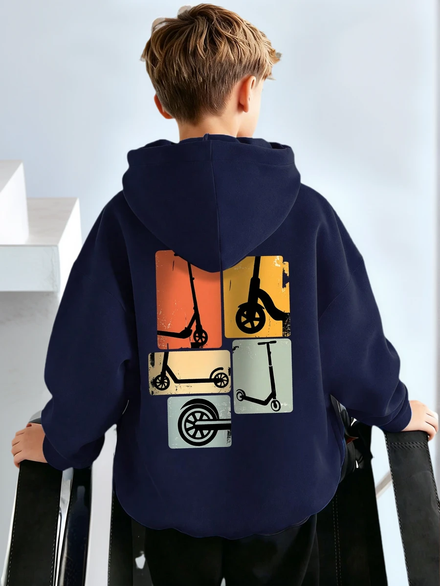 1pc Tween Boy Casual Printed Pullover Sweatshirt, Thermal Lined, Long Sleeve, Autumn/Winter - Navy Blue - View 1